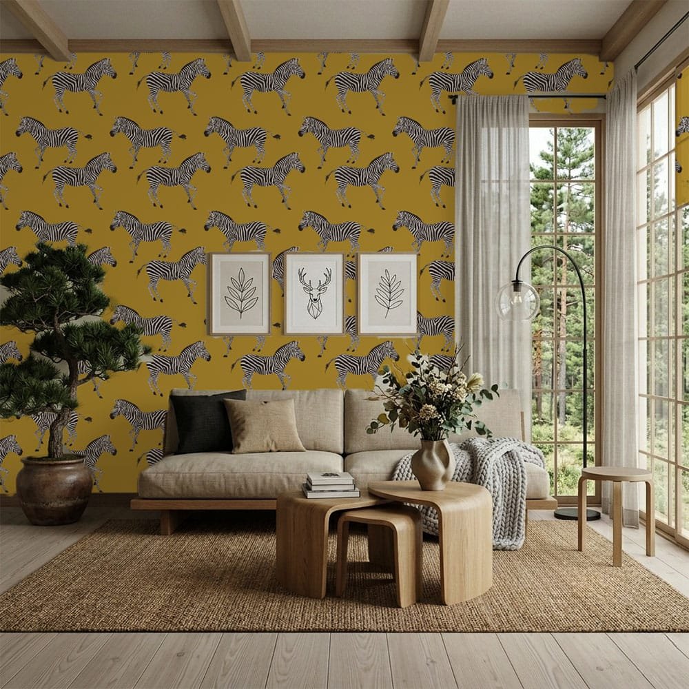 A vibrant zebra wallpaper set on a rich mustard yellow background, bringing warmth, energy, and playful sophistication to any interior.