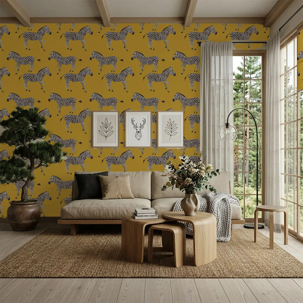 A vibrant zebra wallpaper set on a rich mustard yellow background, bringing warmth, energy, and playful sophistication to any interior.