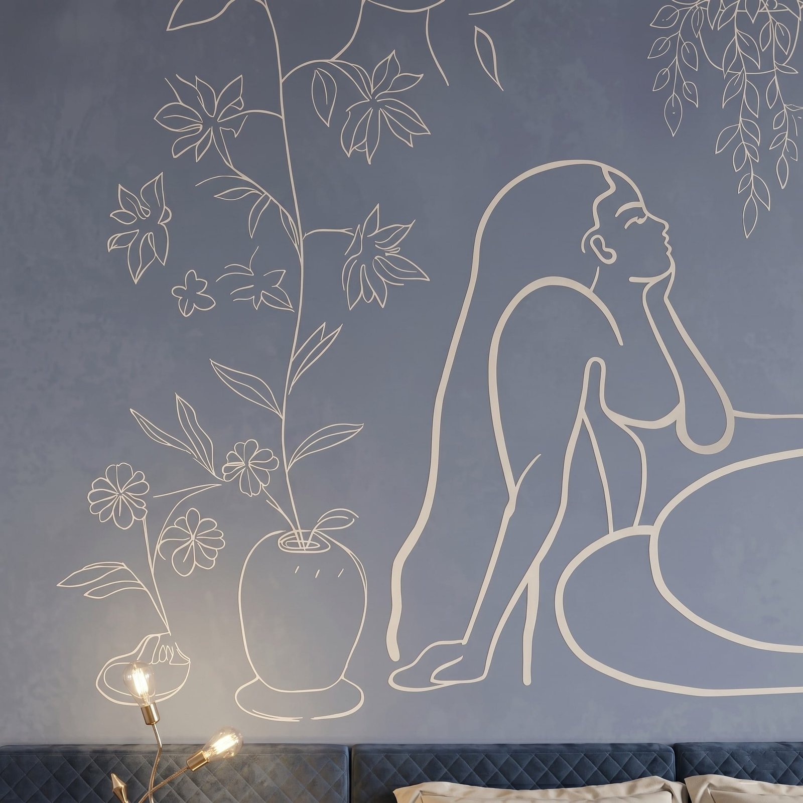 A zoomed in of line art wallpaper showing a seated female figure beside delicate flowers in a vase.