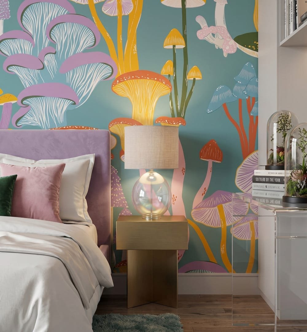 A zoomed-in of Celestial Mycelia mural highlighting exotic pastel fungi with flowing botanical textures and dreamy woodland detailing