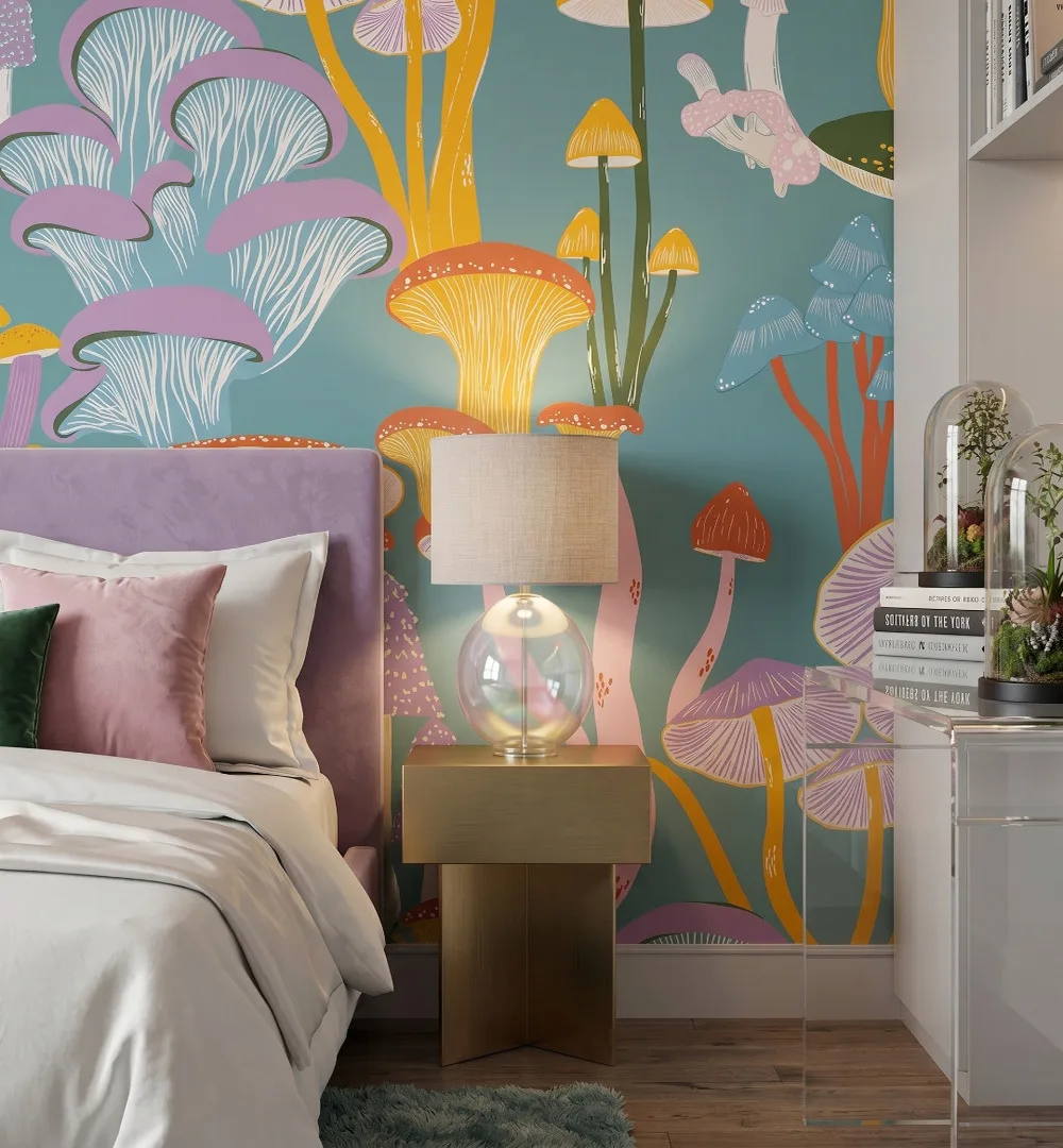 A zoomed-in of Celestial Mycelia mural highlighting exotic pastel fungi with flowing botanical textures and dreamy woodland detailing