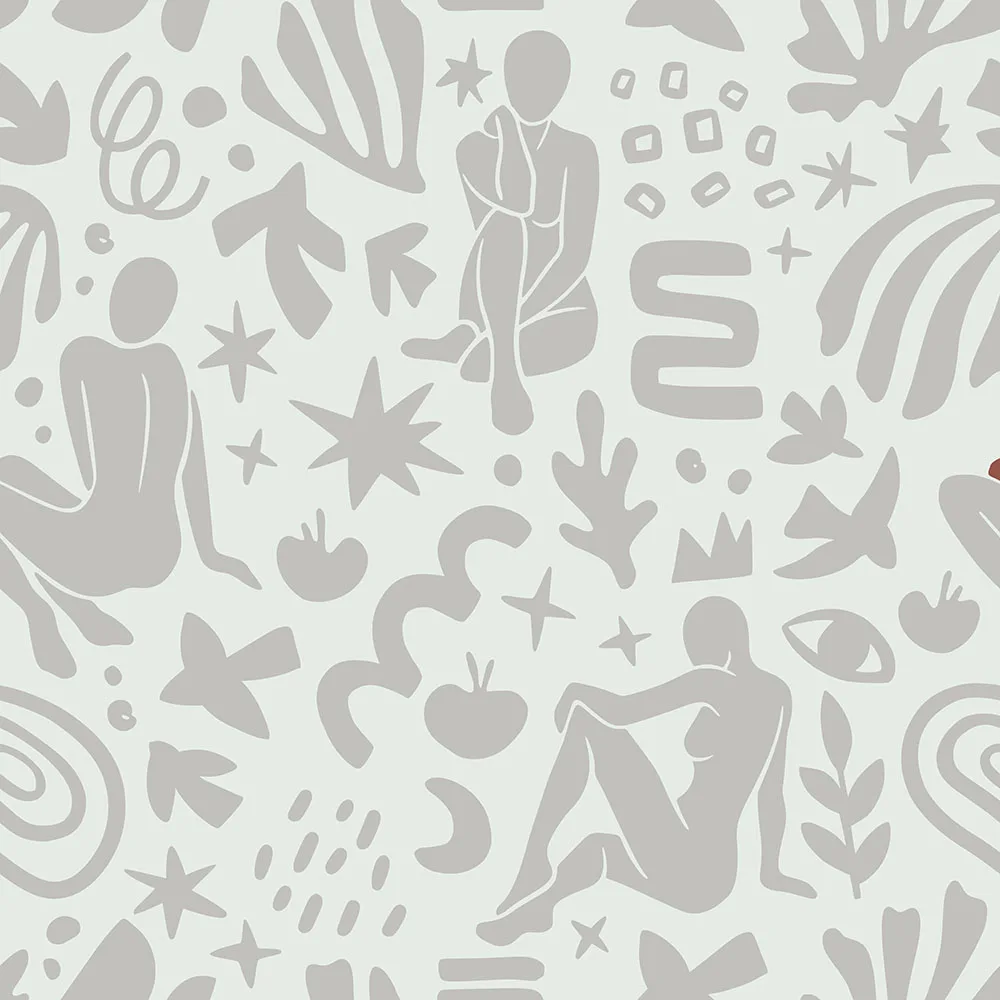 Minimalist neutral wallpaper featuring a repeating pattern of stylized, abstract human figures and organic cut-out shapes.