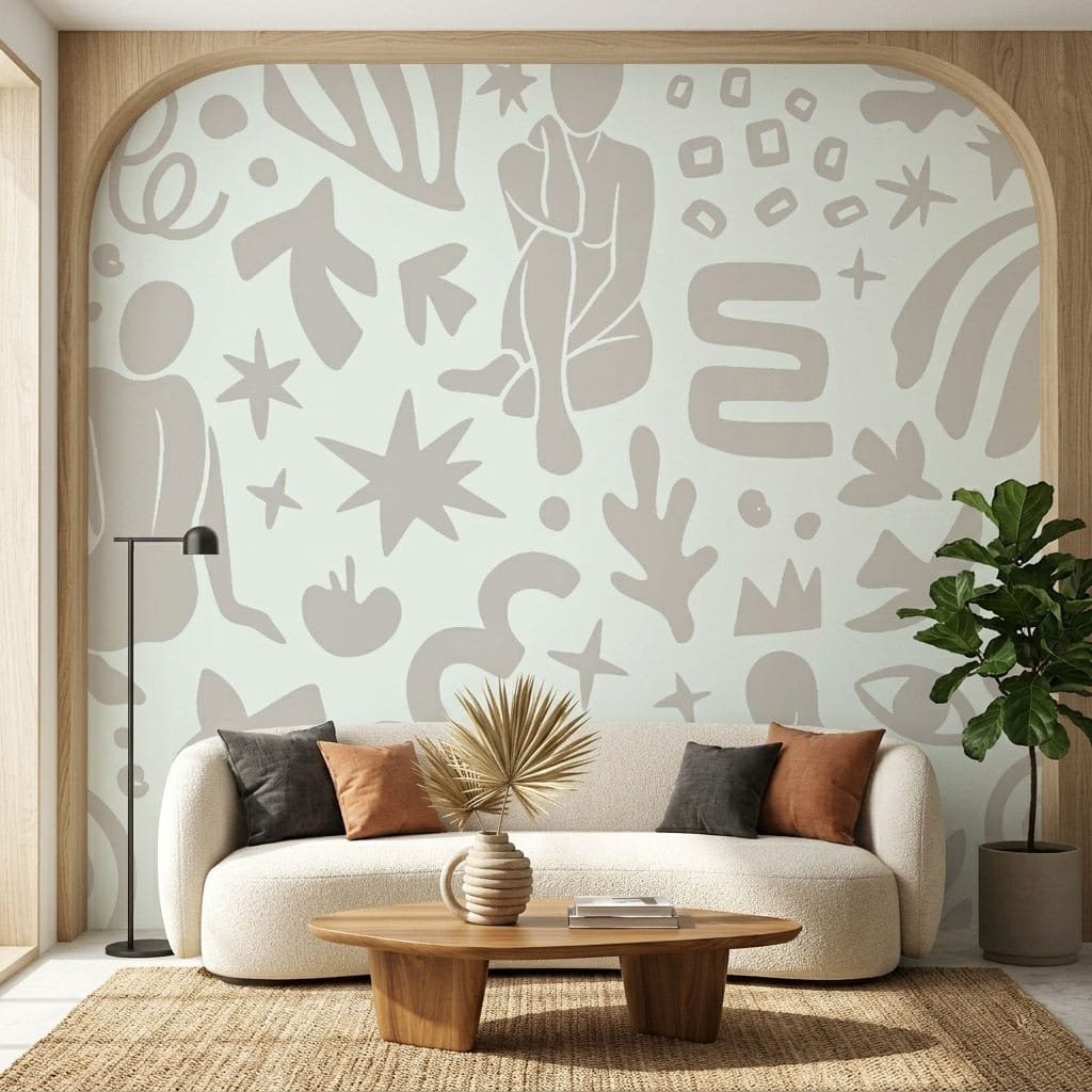 Seamless pattern of beige Matisse-style human silhouettes, stars, and abstract shapes on a cream background.