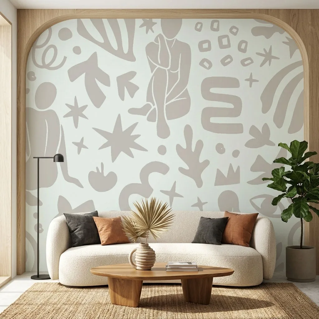 Seamless pattern of beige Matisse-style human silhouettes, stars, and abstract shapes on a cream background.
