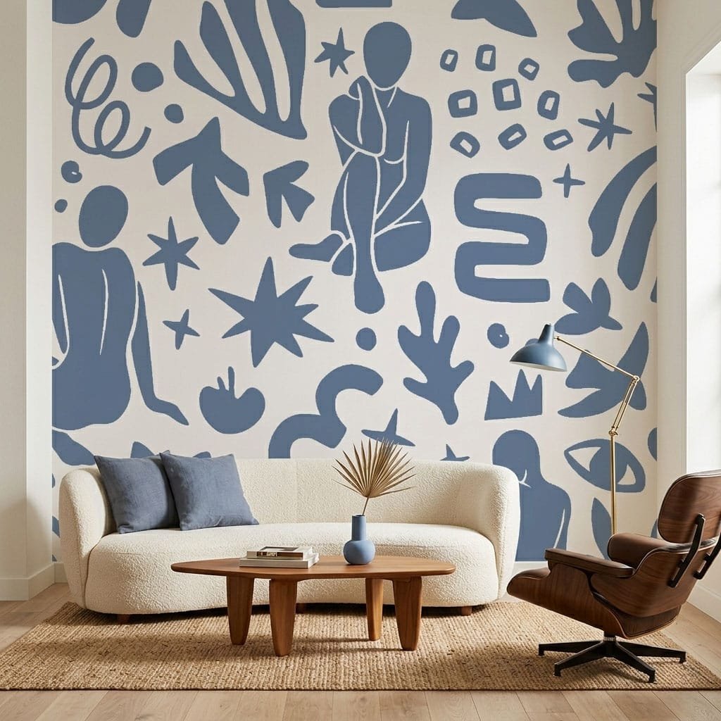 Abstract Muse Blue wallpaper zoomed-in showing stylized human forms, stars, and organic shapes in muted blue tones