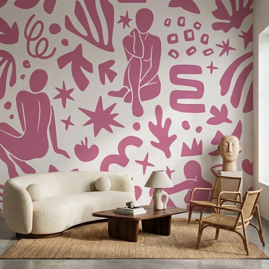 Abstract Muse Deep Pink wallpaper styled in a modern living room with bold silhouette figures and playful shapes on a neutral background