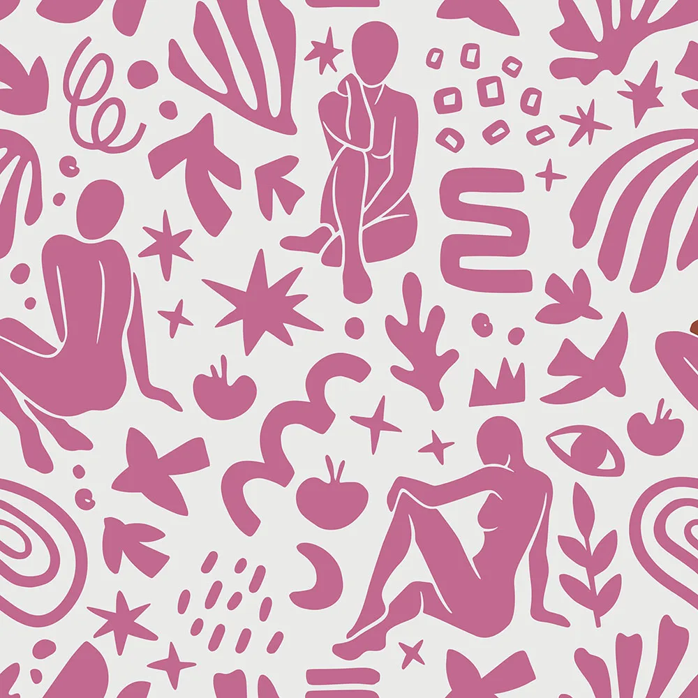 Abstract Muse Deep Pink wallpaper zoomed-in showing stylized human forms, stars, and organic shapes in rich deep pink tones