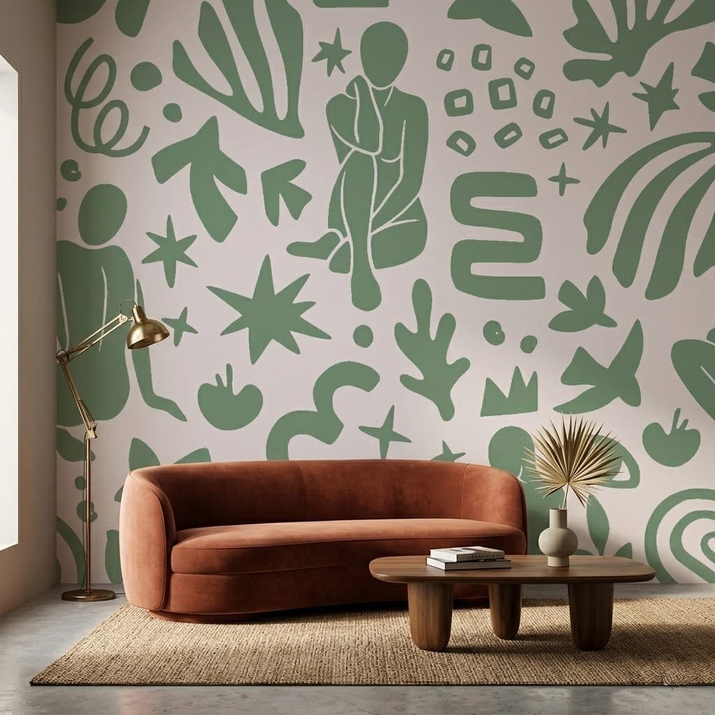 A zoomed-in of Abstract Muse Sage wallpaper showing stylized human forms, stars, and organic shapes in soft sage green tones