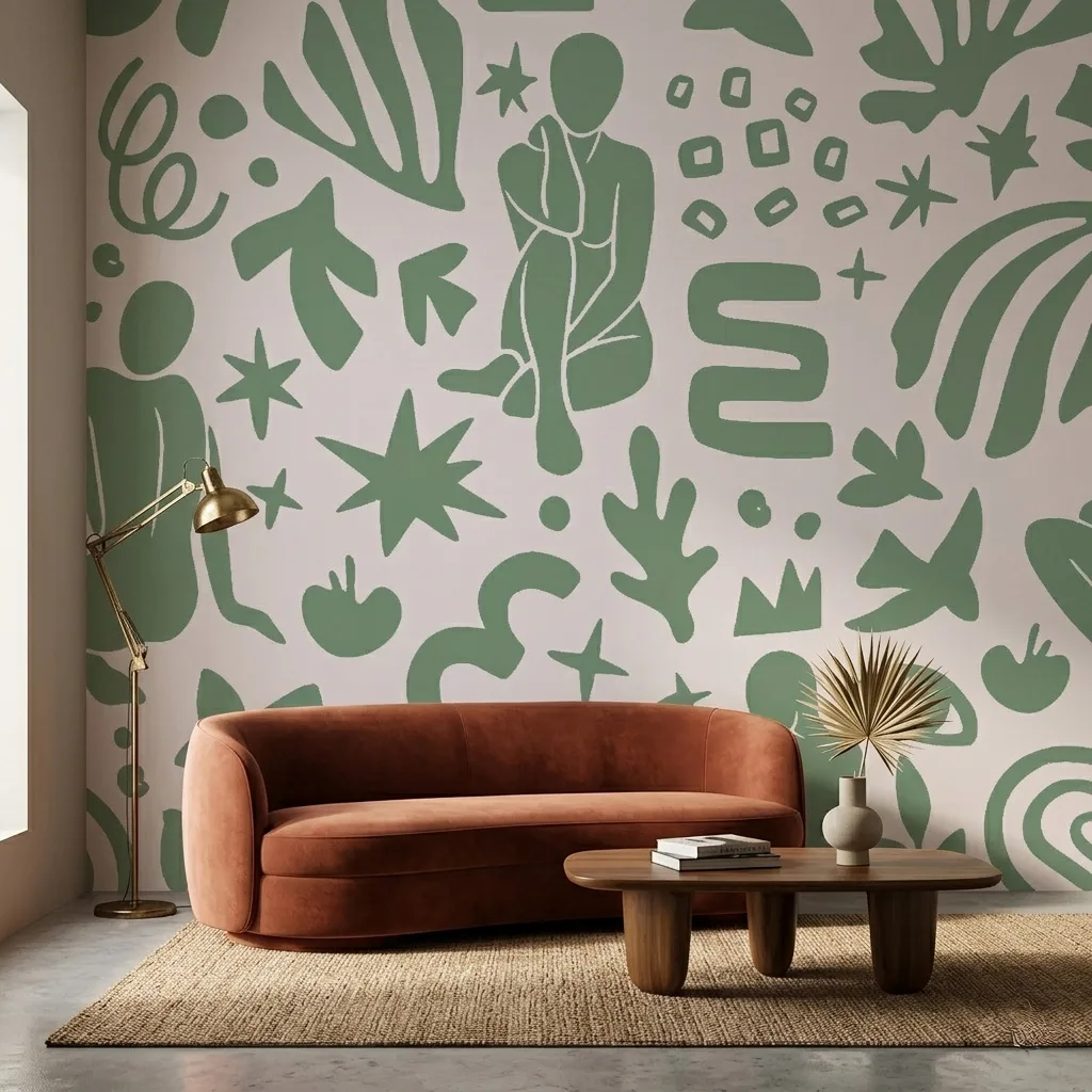 A zoomed-in of Abstract Muse Sage wallpaper showing stylized human forms, stars, and organic shapes in soft sage green tones