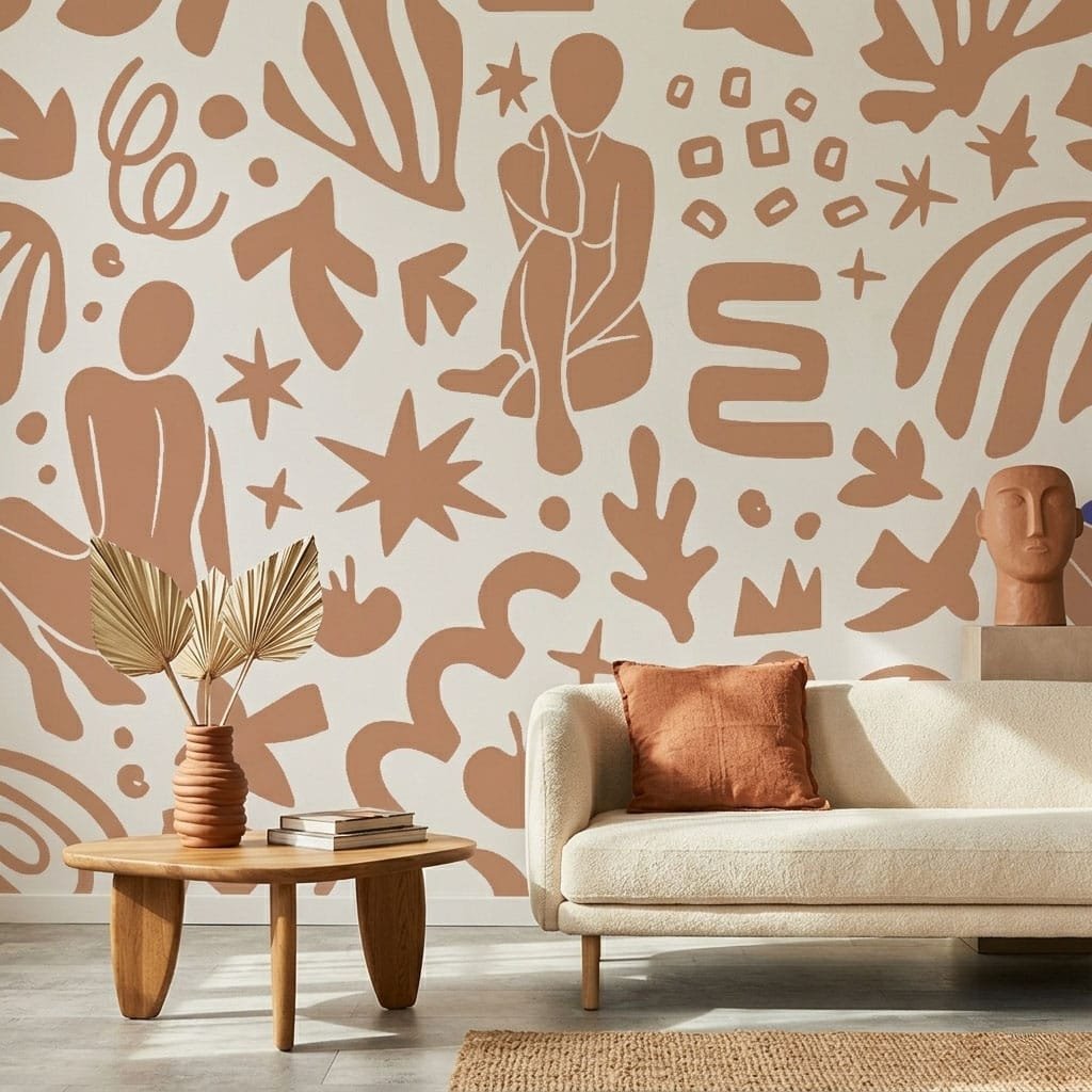 Abstract Muse Terracotta wallpaper styled in a modern living room with bold silhouette figures and earthy abstract shapes