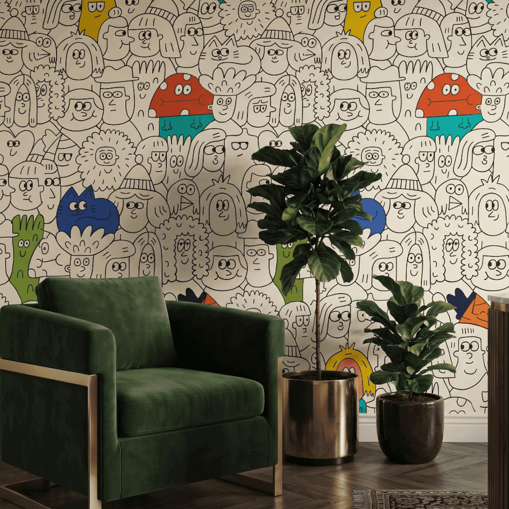 A zoomed-in of Doodle Crowd wallpaper featuring playful hand-drawn cartoon characters with colourful accents