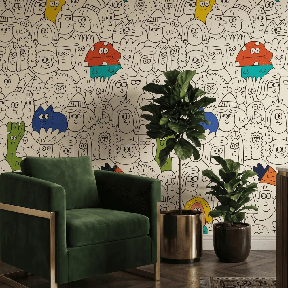 A zoomed-in of Doodle Crowd wallpaper featuring playful hand-drawn cartoon characters with colourful accents