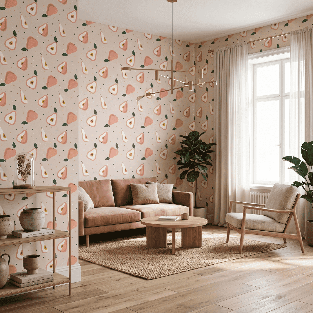 A zoomed-in of pear wallpaper pattern showing peach pears, white interiors, and green leaves on a neutral background