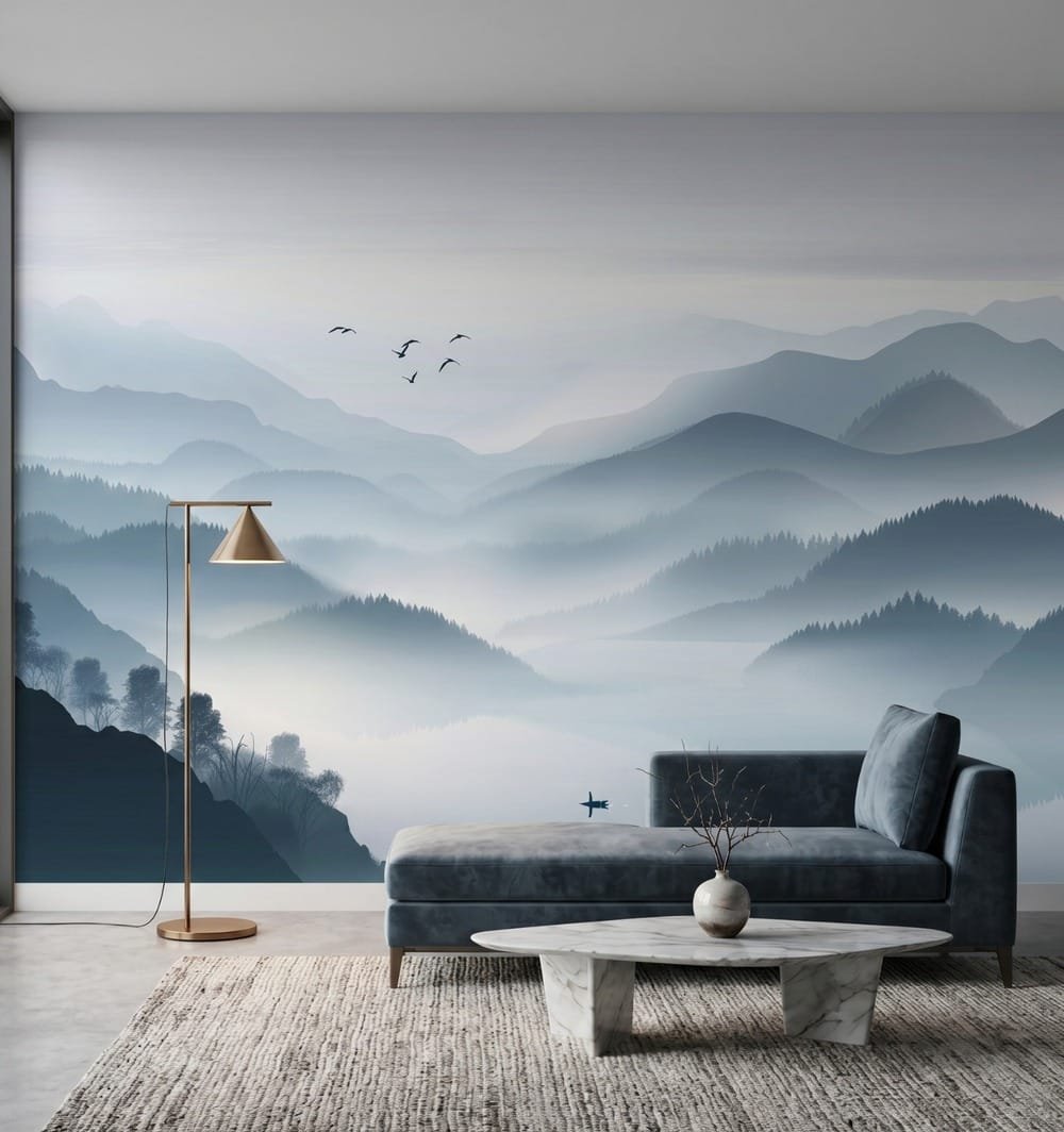 Whispering Blue Horizons mural styled in a modern living room with soft blue mountain landscape wallpaper