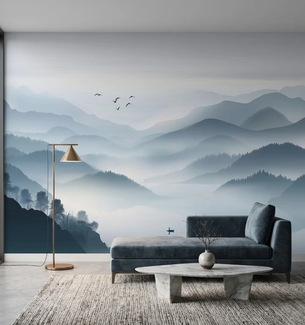 Whispering Blue Horizons mural styled in a modern living room with soft blue mountain landscape wallpaper