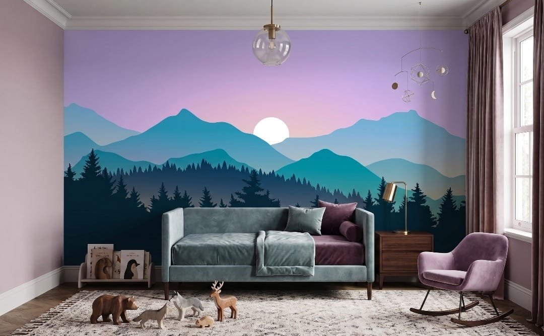 A zoomed-in of soft blue mountain peaks and sunrise gradients creating a peaceful nature mural