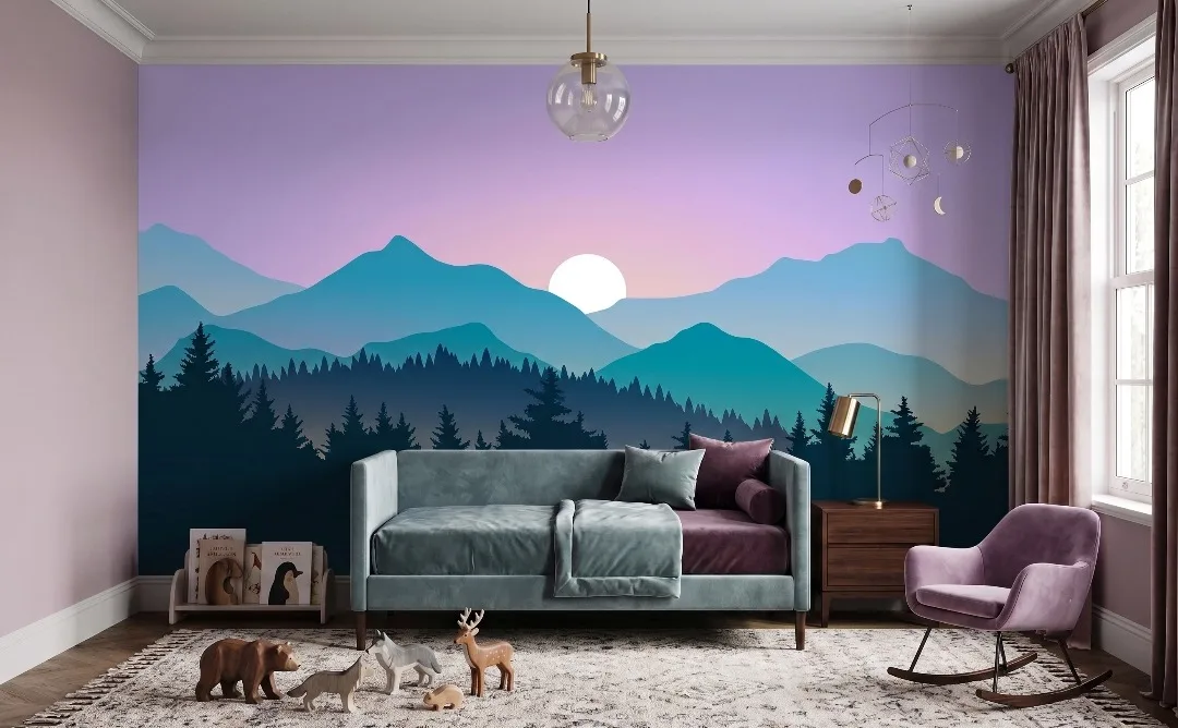 A zoomed-in of soft blue mountain peaks and sunrise gradients creating a peaceful nature mural