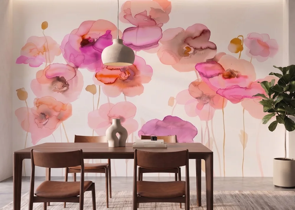 A zoomed-in of layered pink and coral watercolour flowers with delicate translucent petals.