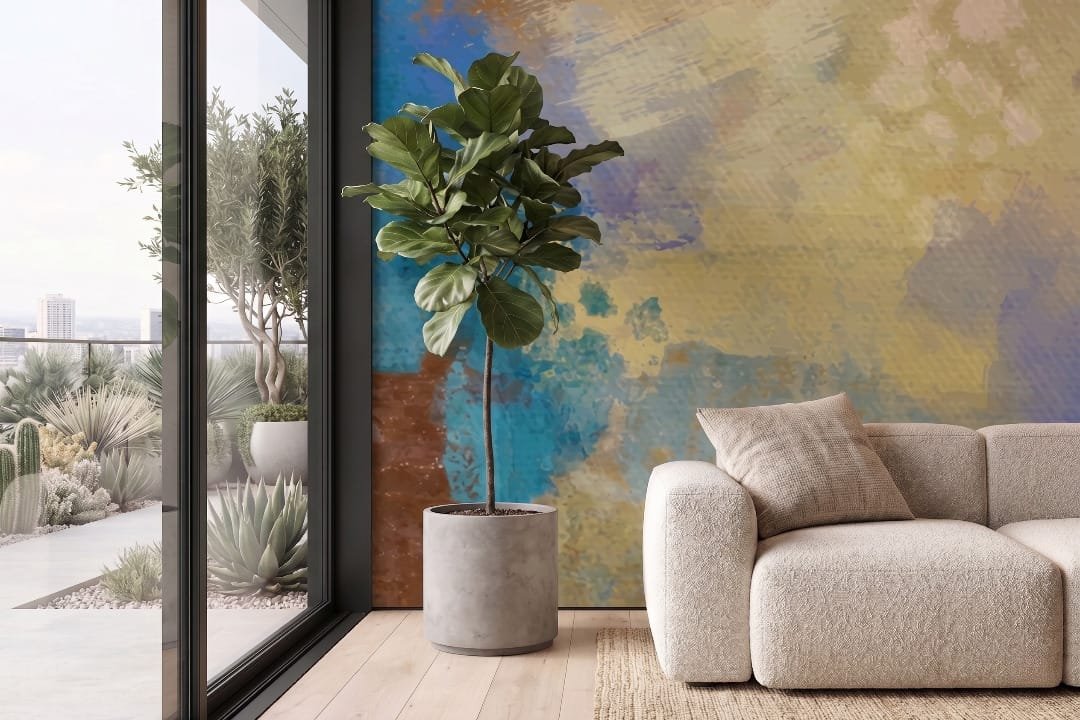 A zoomed-in of Coastal Harmony Mural showcasing textured abstract paint effects in soft coastal-inspired hues.