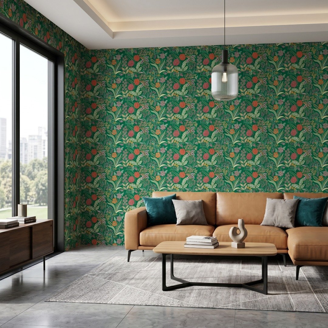 wildflowers and botanical leaves on an emerald green wallpaper backgroun