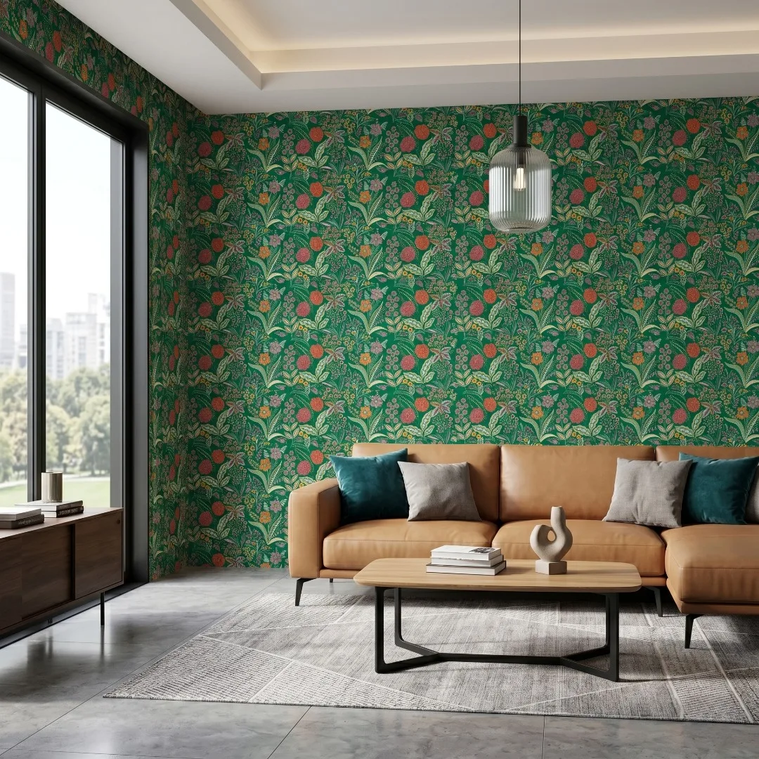 wildflowers and botanical leaves on an emerald green wallpaper backgroun