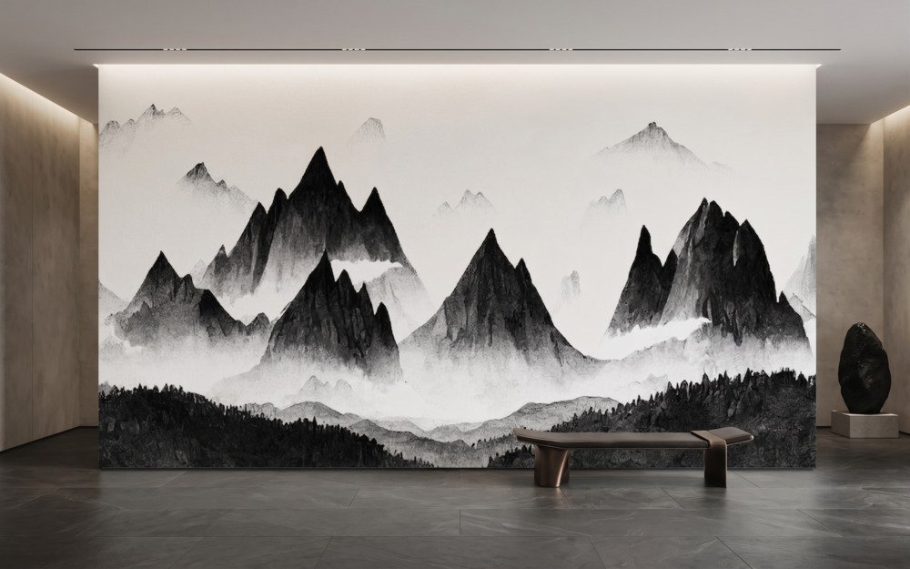 A zoomed-in of dramatic black ink mountains rising through soft mist on a minimalist monochrome wall mural.