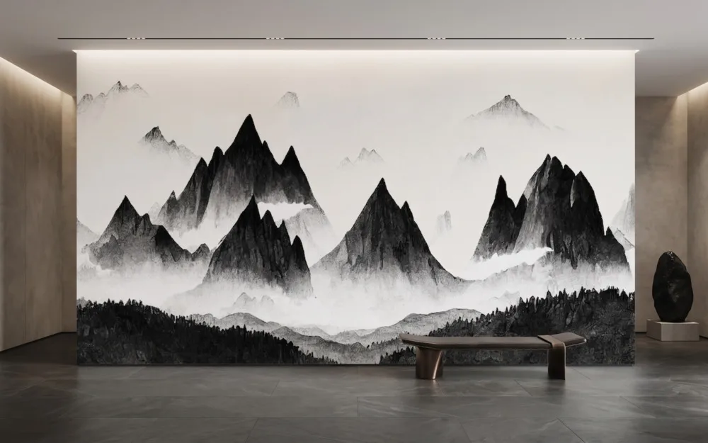 A zoomed-in of dramatic black ink mountains rising through soft mist on a minimalist monochrome wall mural.