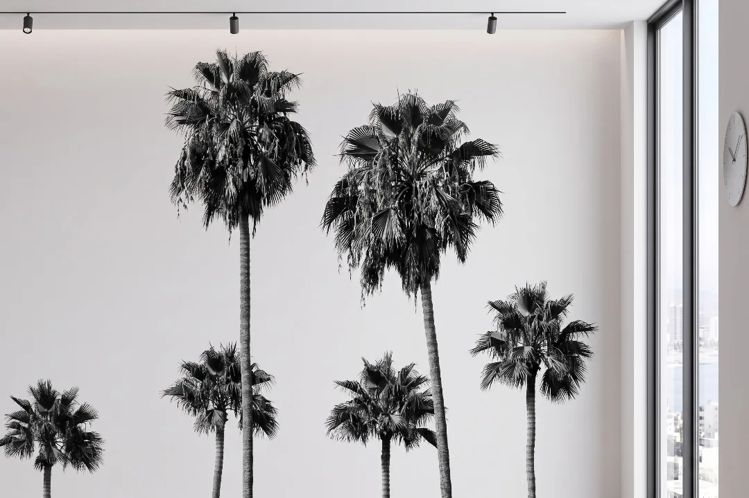 A zoomed-in of black and white palm trees with slender trunks and textured fronds creating a modern tropical mural design.