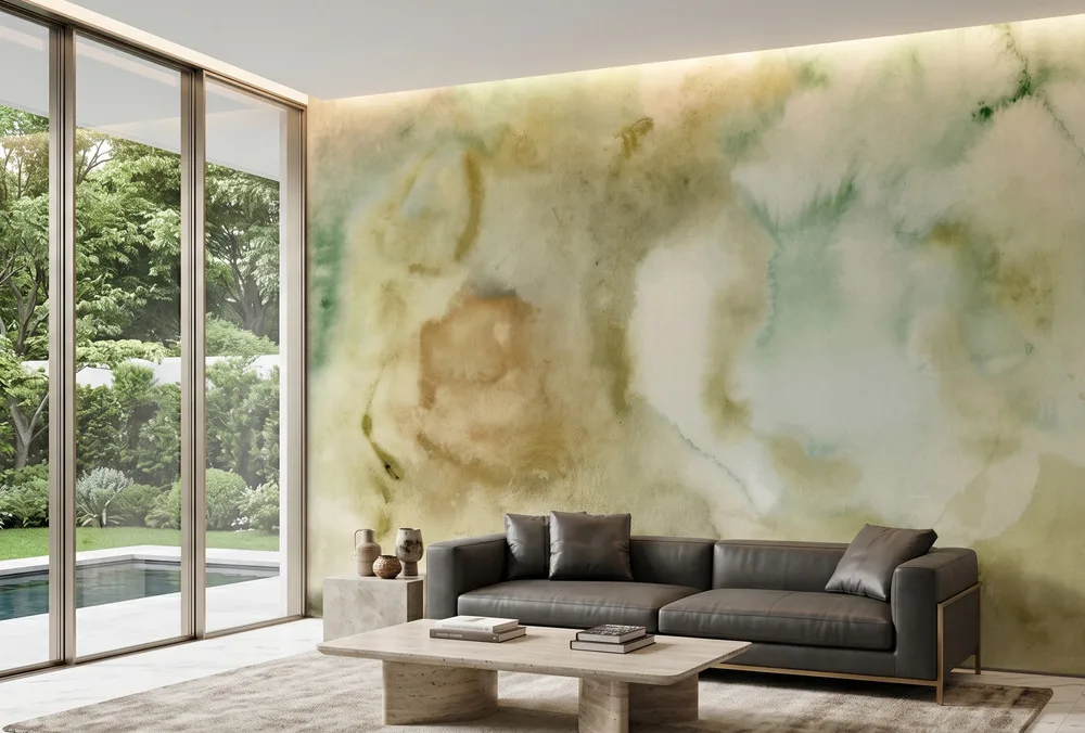 Watercolor Mural showcasing earthy green washes and layered abstract movement.