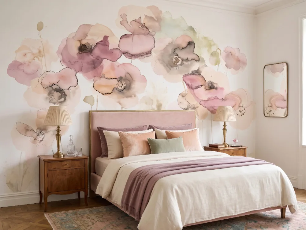 A zoomed-in of layered pink and coral watercolour flowers with delicate translucent petals.