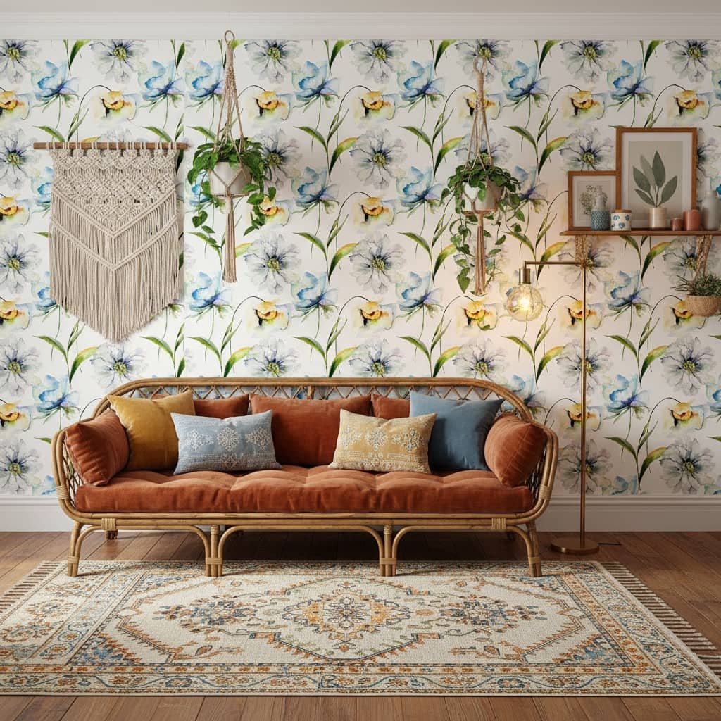 Watercolor Floral Wallpaper wallpaper in a Bohemian room