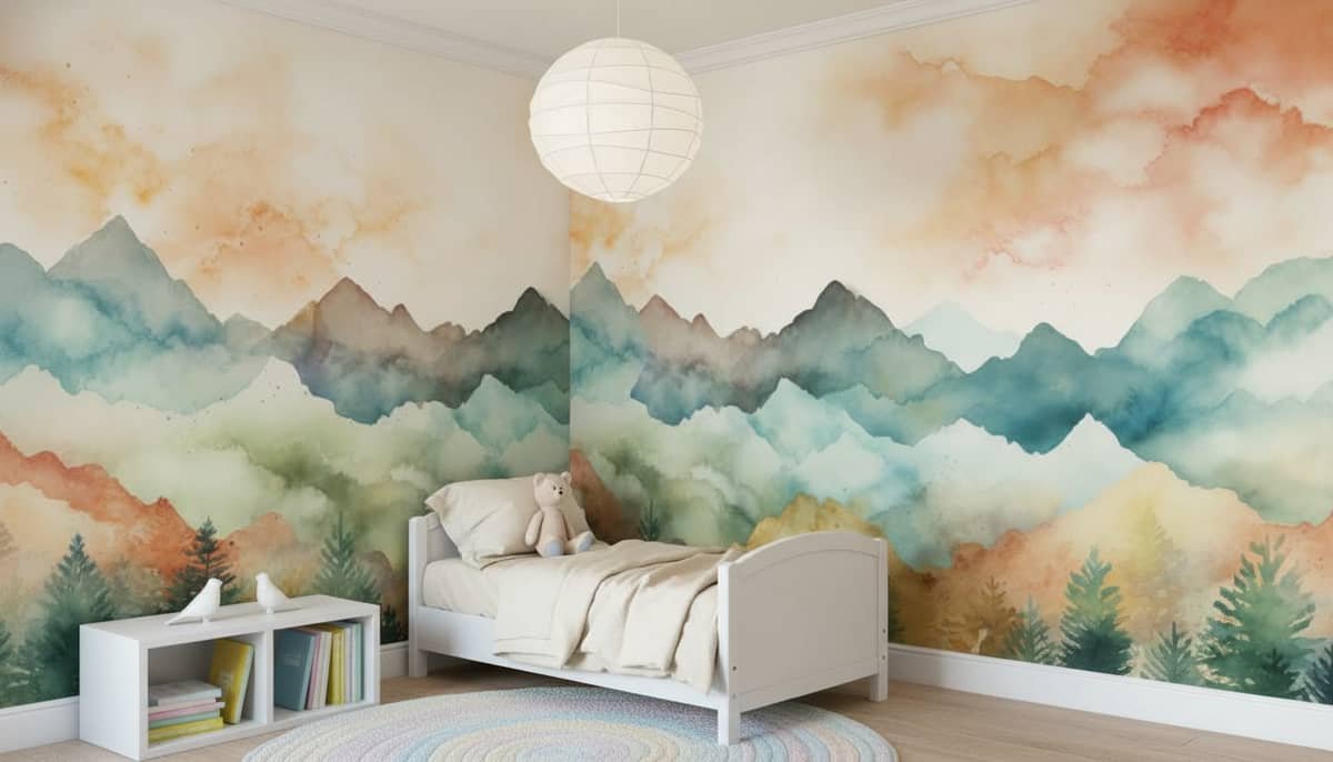 Serene Watercolour Peaks mural in a Children's Room room