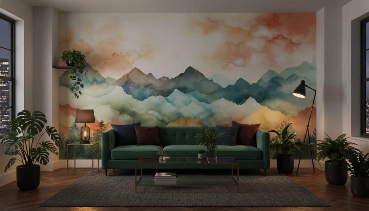 Serene Watercolour Peaks mural in a NYC Apartment room