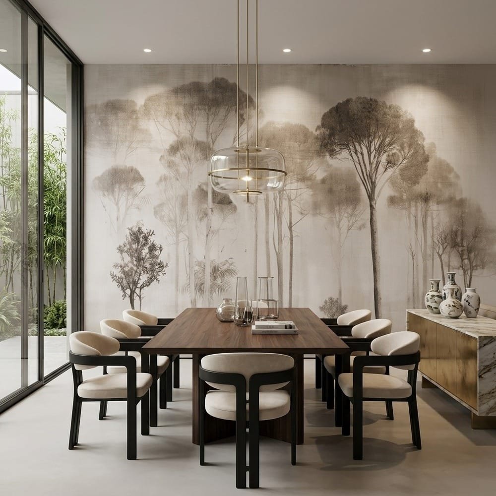 view of the Etched Signal Tree Hills Mural in a contemporary lounge with warm architectural lighting.