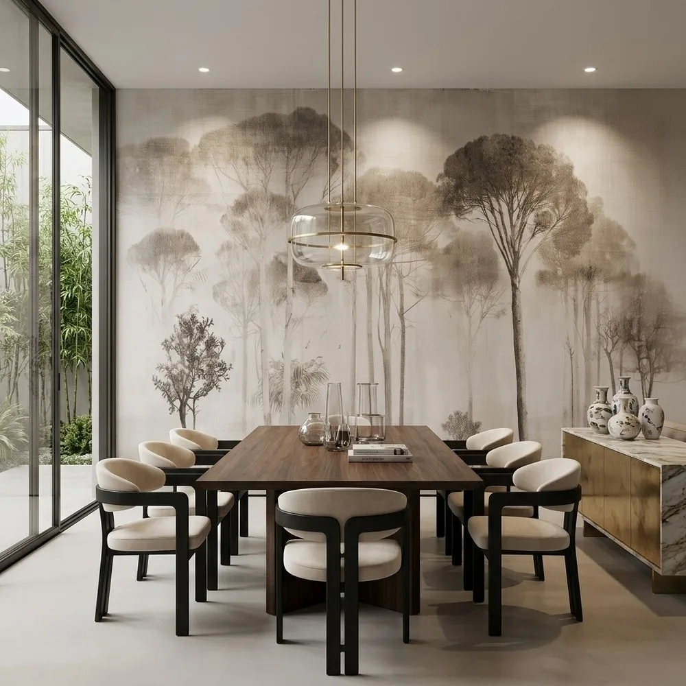 view of the Etched Signal Tree Hills Mural in a contemporary lounge with warm architectural lighting.