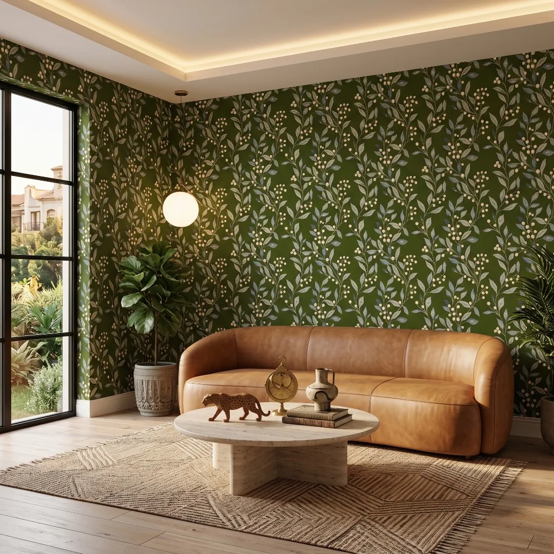 Olive green botanical wallpaper in a modern lounge