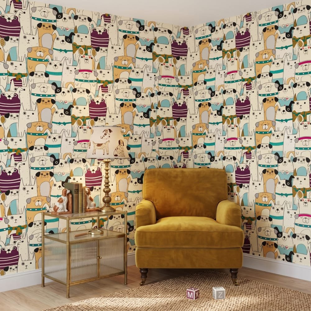 Whimsical pet wallpaper creating a cheerful children's space