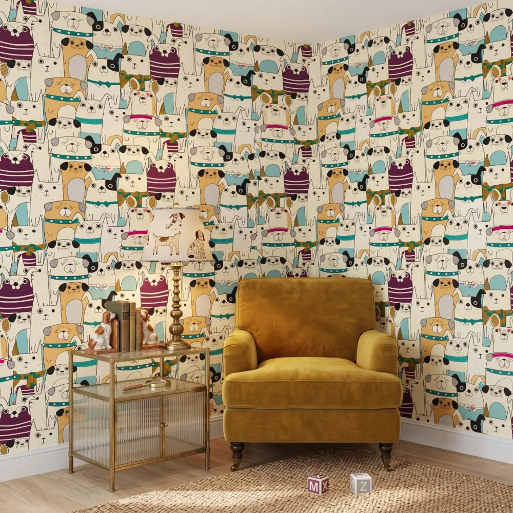 Whimsical pet wallpaper creating a cheerful children's space