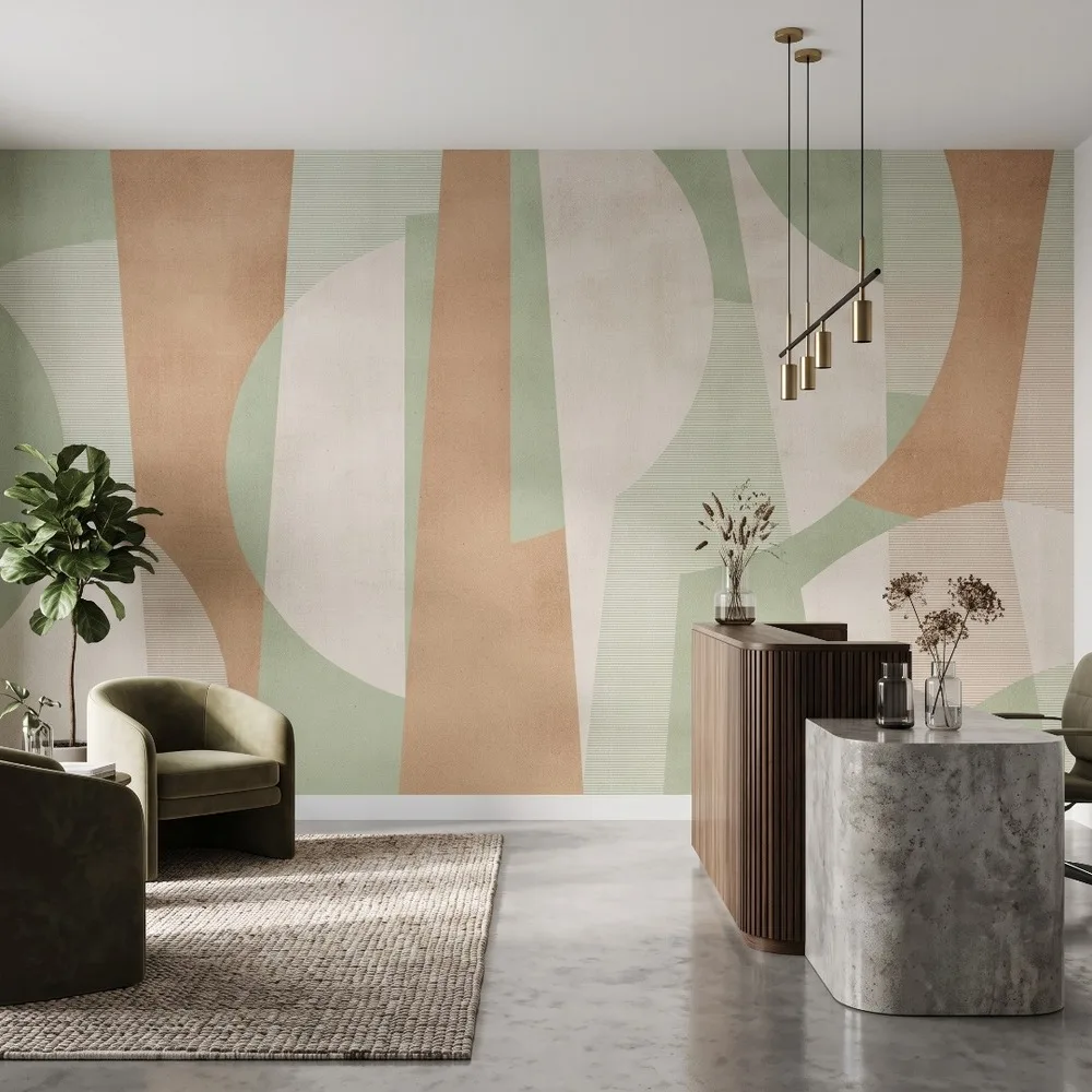 Zoomed-in view of an abstract geometric mural with curved shapes, fine line detailing and muted sage and beige colours.