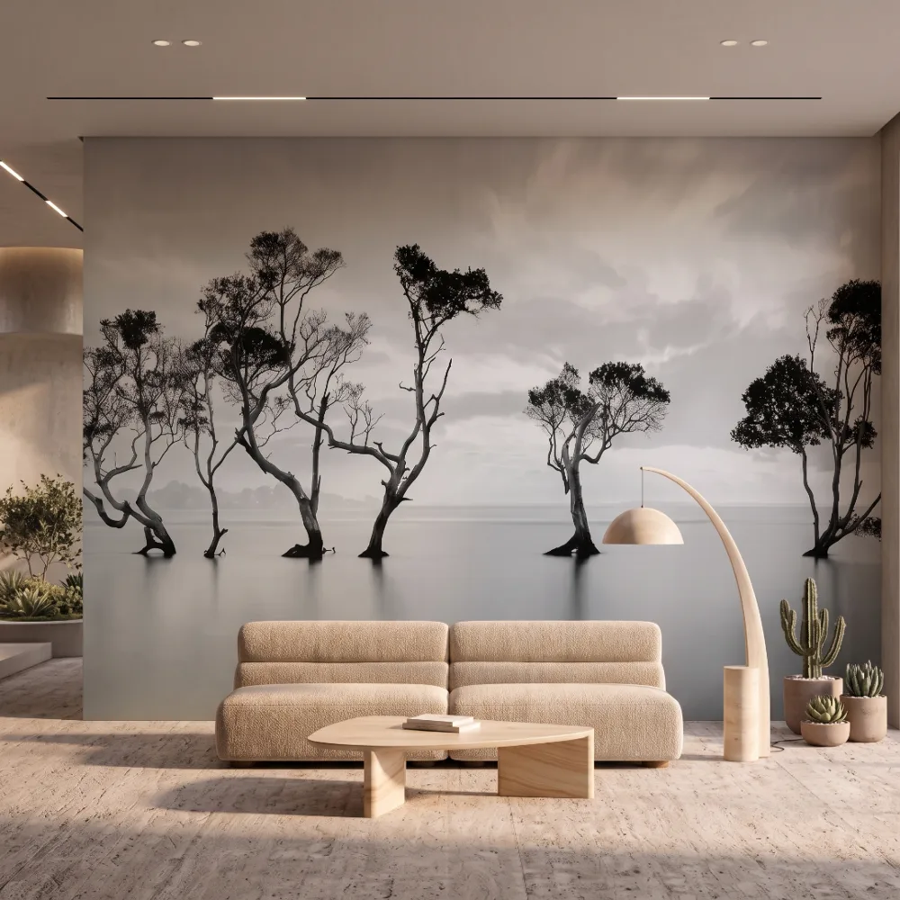 A zoomed-in view of Still Waters Gnarled Trees Mural behind a beige modular sofa and wooden table
