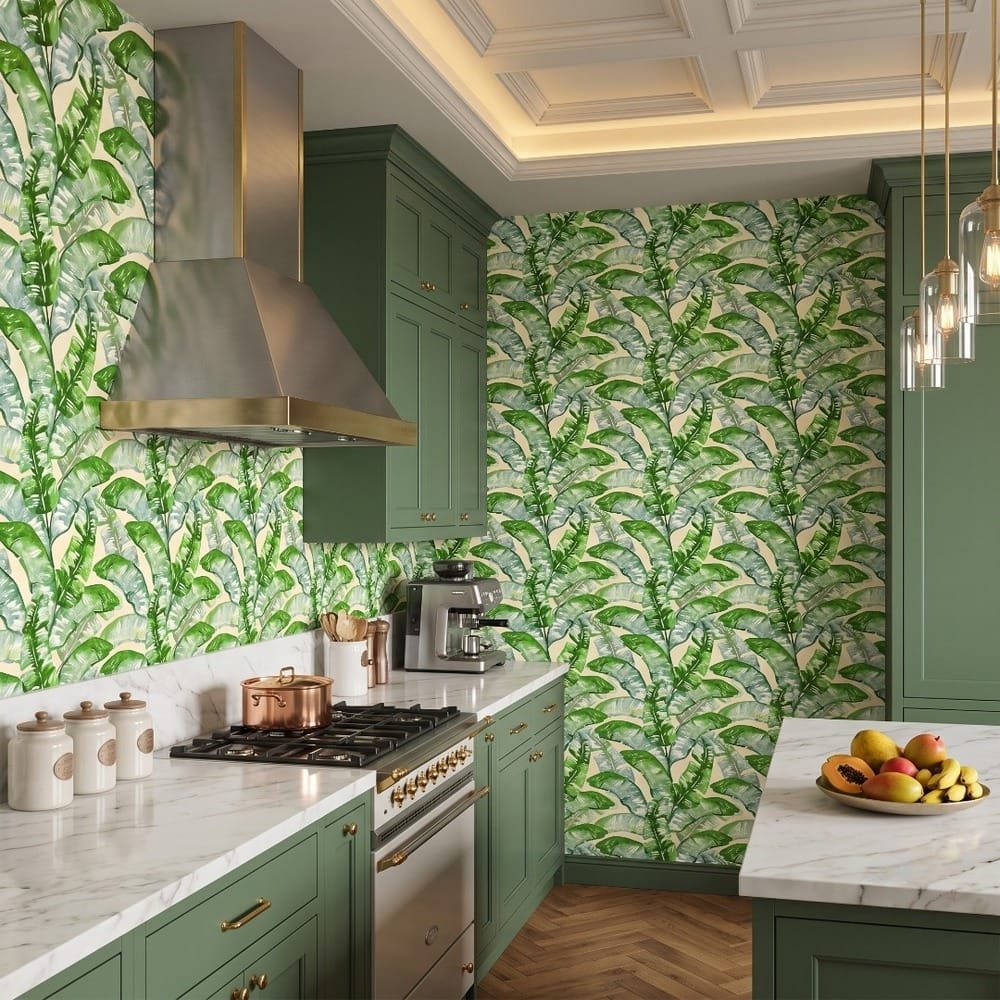 Green banana leaf wallpaper in a kitchen.