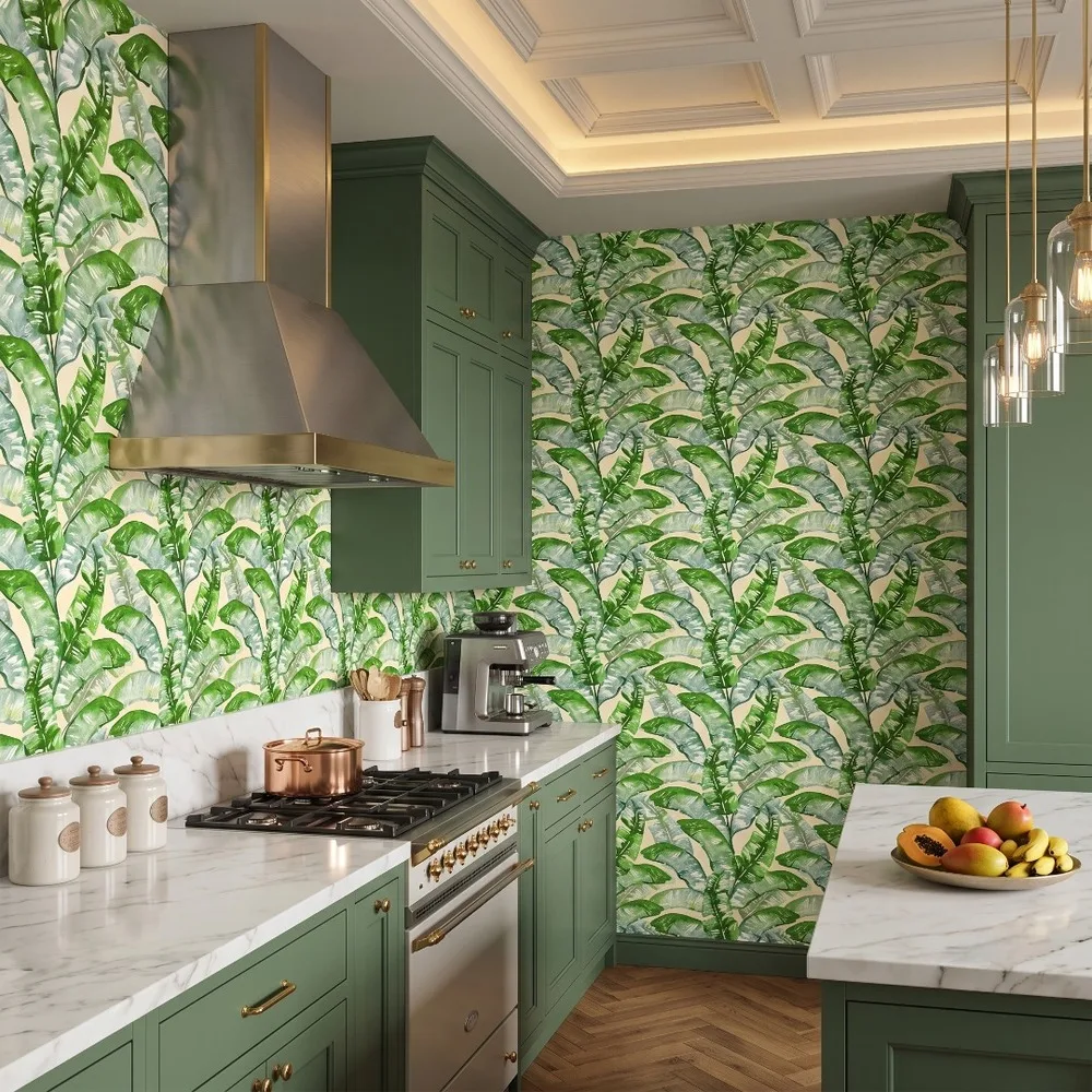 Green banana leaf wallpaper in a kitchen.
