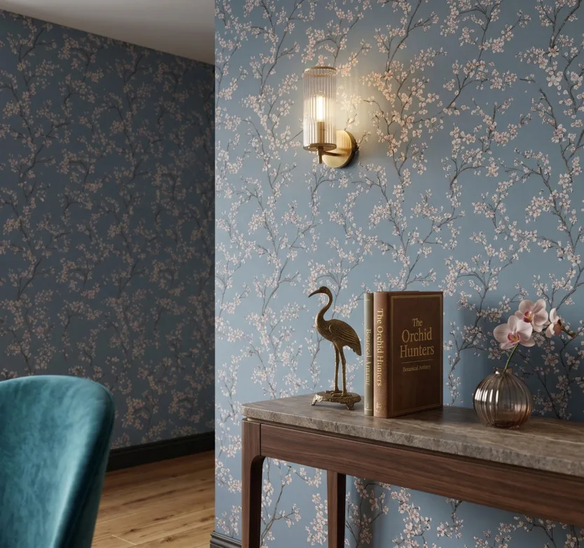 Blue blossom wallpaper in a styled interior.