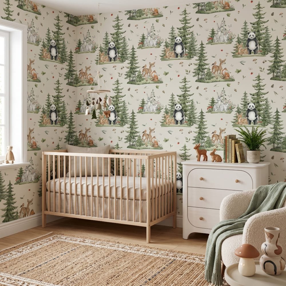 Cozy baby nursery decorated with Woodland With Friends Wallpaper on light neutral walls.