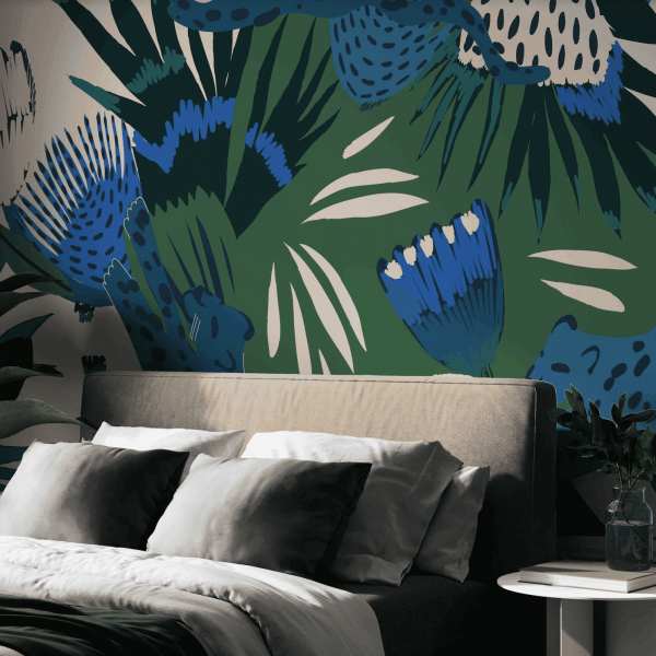 Mural Protea Pounce in Blue - A stunning botanical mural featuring vibrant blue protea flowers and lush green foliage with