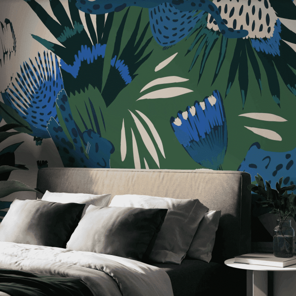Mural Protea Pounce in Blue - A stunning botanical mural featuring vibrant blue protea flowers and lush green foliage with