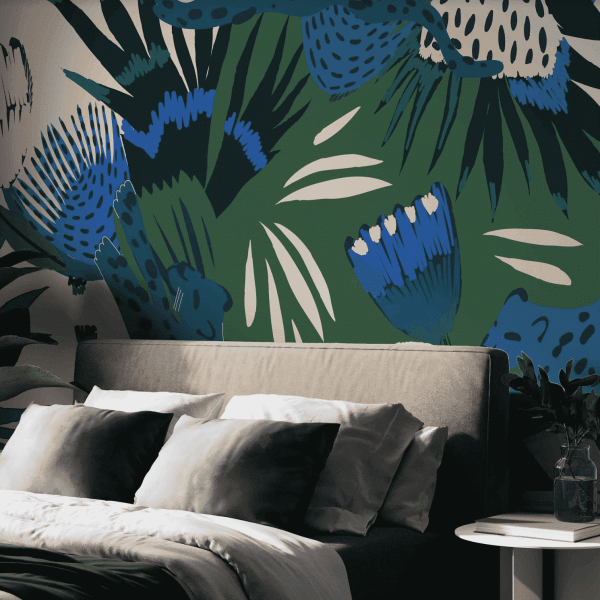 Mural Protea Pounce in Blue - A stunning botanical mural featuring vibrant blue protea flowers and lush green foliage with